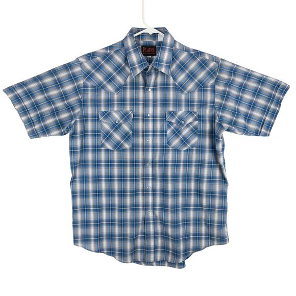 Plains Western Shirt Men's Large Short Sleeve Pearl Snaps Plaid White Blue - Picture 1 of 9
